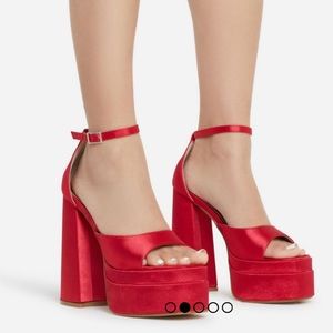 Platform Block-heel Red Satin Shoes